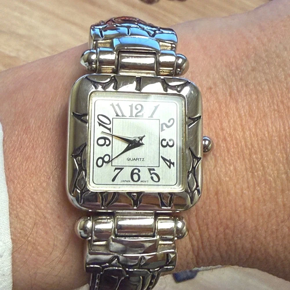 Silver Tone Square Face Cuff Bangle Watch Japan Quartz Stainless Steel Back